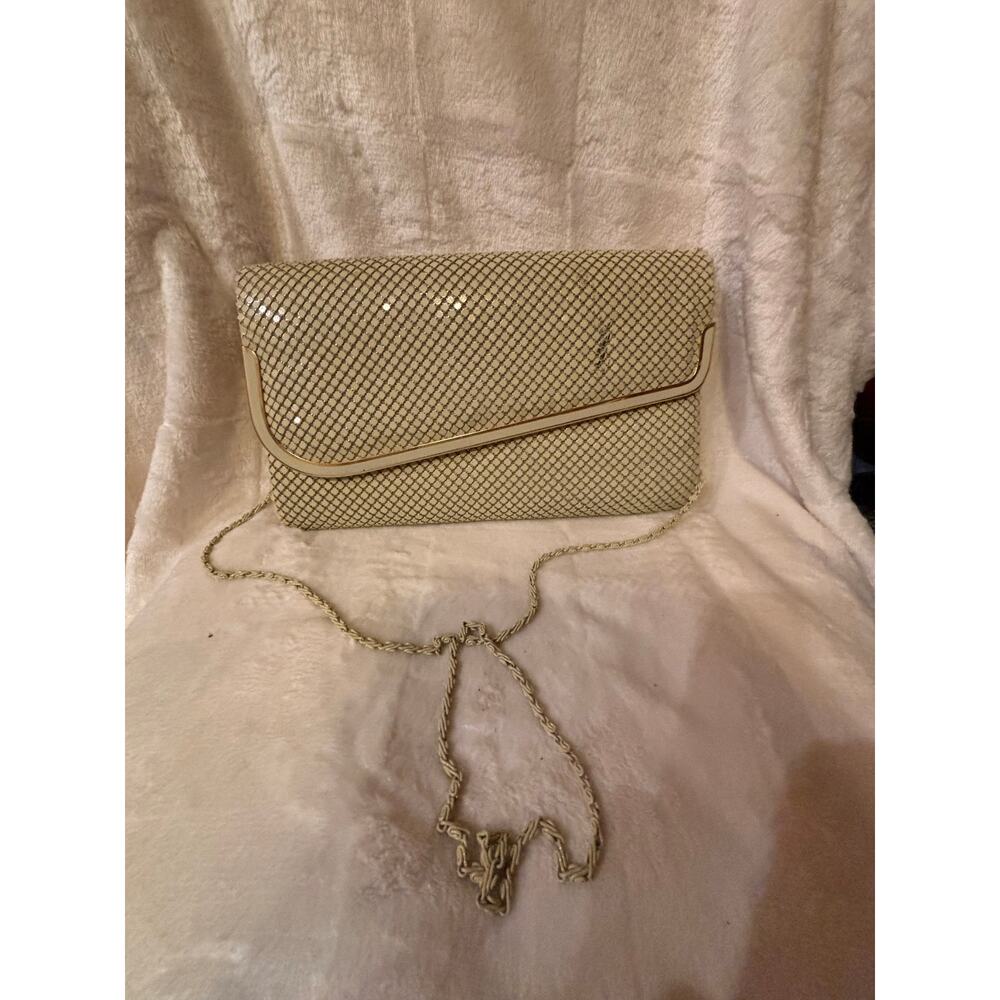 Vintage Gold Aluminum Mesh Evening Clutch, 1970s Disco Beaded Bag with Chain, - Picture 5 of 7
